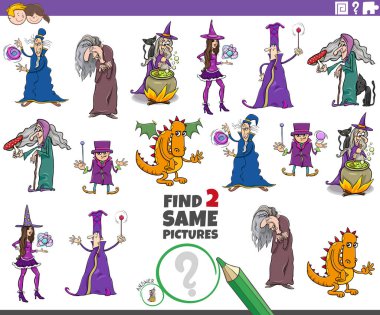 İki Aynı Fotoğrafı Bulma Çizgi Filmi Komik Fantezi Karakterleri Olan Çocuklar için Eğitici Oyun