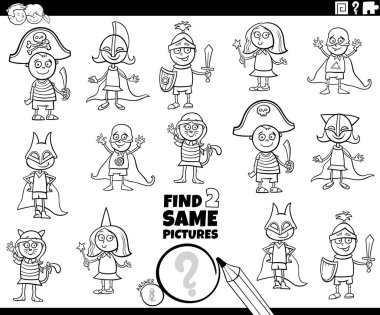 Siyah ve Beyaz Çizgi Film Çizgi Filmi: İki Aynı Filmi Bulmak Komik Çocuk Karakterleri İçin Eğitim Oyunu Kostüm Partisi Boyama Kitabı