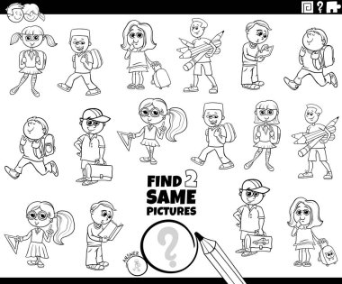 Siyah ve Beyaz Çizgi Film Çizimi İki Aynı Fotoğrafı Bulma Komik Okul Çocukları ve Öğrencileri için Eğitim Oyunu Çizim Kitabı Sayfası