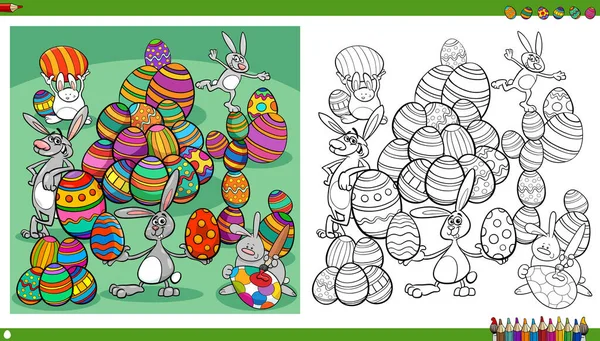 Ilustraciones Dibujos Animados Conejitos Pascua Personajes Vacaciones Con Huevos Colores — Archivo Imágenes Vectoriales