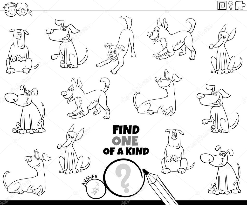 Black and White Cartoon Illustration of Find One of a Kind Picture Educational Game with Happy Dogs and Puppies Animal Characters Coloring Book Page