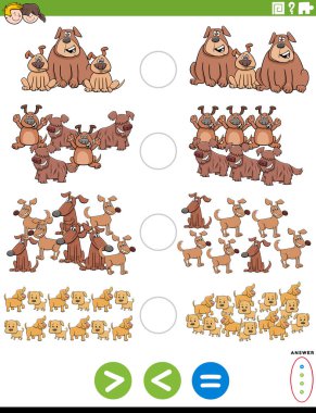 Cartoon Illustration of Educational Mathematical Puzzle Task of Greater Than, Less Than or Equal to for Children with Dogs Animal Characters Worksheet Page clipart