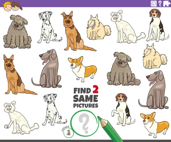 为有可爱纯种狗的儿童寻找两个相同图片教育游戏的卡通画 — 图库矢量图片