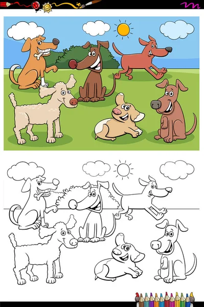 有趣的小狗宠物动物特征的卡通图解 动物特征群着色书页 — 图库矢量图片
