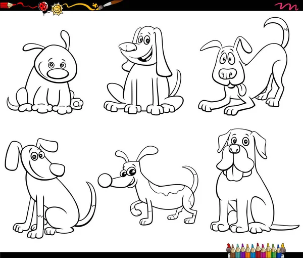 Black White Cartoon Illustration Dogs Puppies Cute Animal Characters Set — Stock Vector