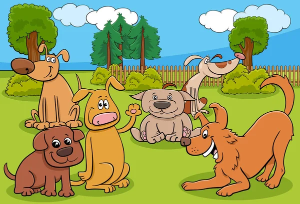 公园内的狗及幼犬动物特征群卡通图解 — 图库矢量图片
