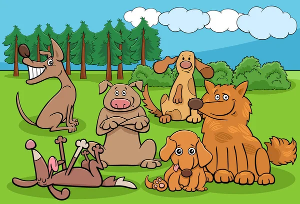 Parktaki Köpekler Yavruların Çizgi Filmi Komik Hayvan Karakterleri Grubu — Stok Vektör