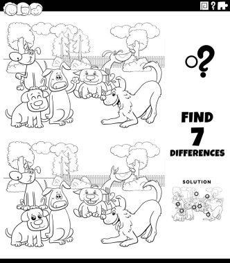 Komik Köpekler Grubu Renklendirme Kitabı Sayfası Çocuklar için Eğitim Oyunu Siyah ve Beyaz Çizgi Film Bulma Farkları