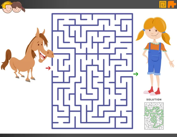 Illustrazione Del Fumetto Del Labirinto Educativo Puzzle Game Bambini Con — Vettoriale Stock