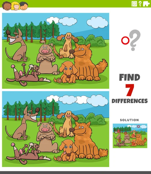 面白い漫画犬のキャラクターを持つ子供のための絵教育ゲームの違いを見つけるの漫画イラストグループ — ストックベクタ