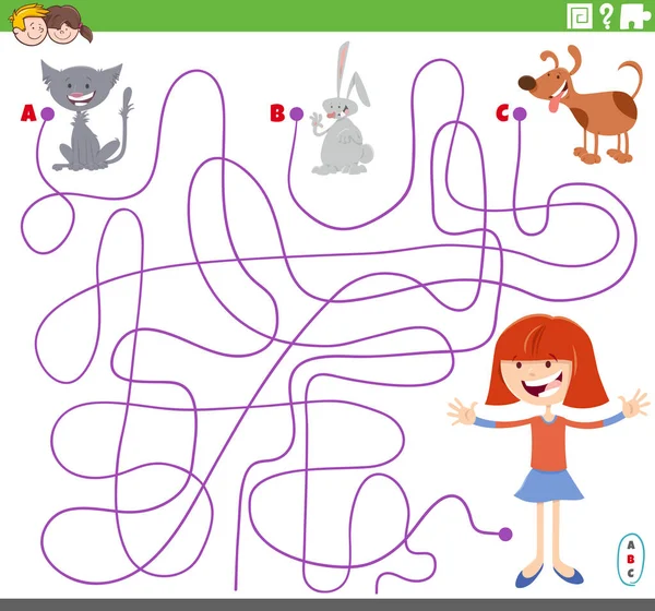 Karikatura Ilustrace Linií Bludiště Puzzle Hra Dívkou Roztomilé Domácí Zvířata — Stockový vektor