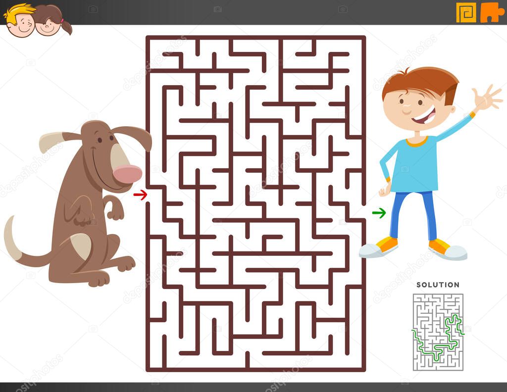 Cartoon Illustration of Educational Maze Puzzle Game for Children with a Boy and Puppy Dog Character