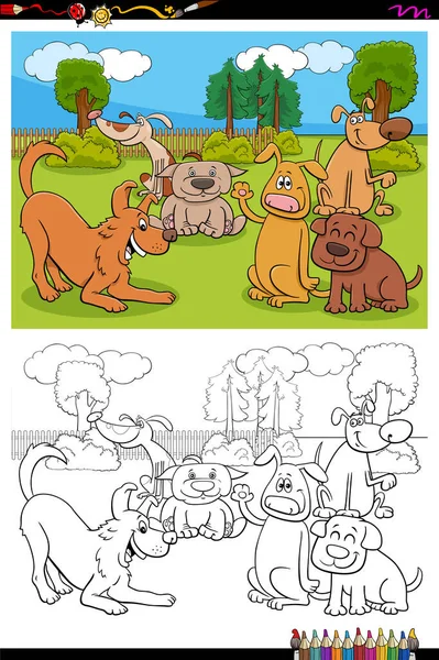 かわいい犬の漫画イラストペット動物キャラクターグループぬりえブックページ — ストックベクタ