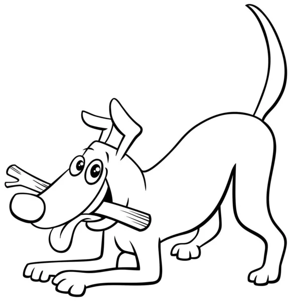 Czarno Biała Kreskówka Ilustracja Zabawny Pies Komiks Postać Zwierzęca Kijem — Wektor stockowy