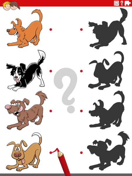为有爱玩耍的狗和小狗的孩子们的图片教育任务配齐右边阴影的卡通画 — 图库矢量图片
