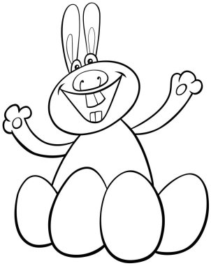 Renkli Paskalya Yumurtaları ile Komik Paskalya Tavşanı Karakterinin Siyah ve Beyaz Çizgi Film Çizimi