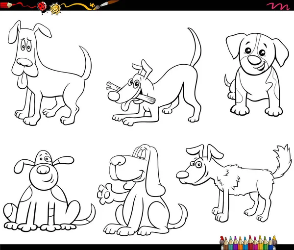 Black White Cartoon Illustration Funny Dogs Puppies Comic Animal Characters - Stok Vektor