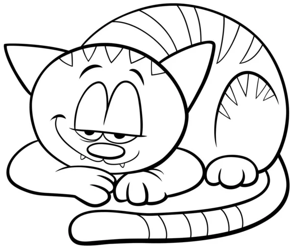 Dibujos Animados Blanco Negro Ilustración Divertido Gato Somnoliento Gatito Cómic — Archivo Imágenes Vectoriales