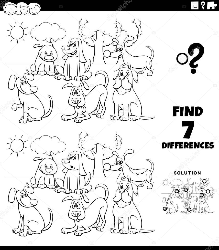 Black and White Cartoon Illustration of Finding Differences Between Pictures Educational Task for Kids with Funny Dog Characters Group Coloring Book Page