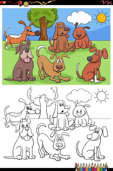 Cartoon Illustration Funny Playful Dogs Pets Animal Characters Group Coloring — Stock Vector