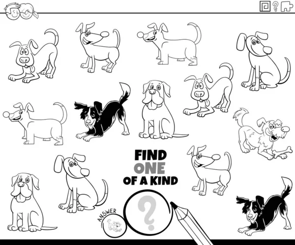 黒と白の漫画面白い犬や子犬の動物のキャラクターのぬり絵の本のページと種類の絵教育ゲームの一つを見つけるのイラスト — ストックベクタ