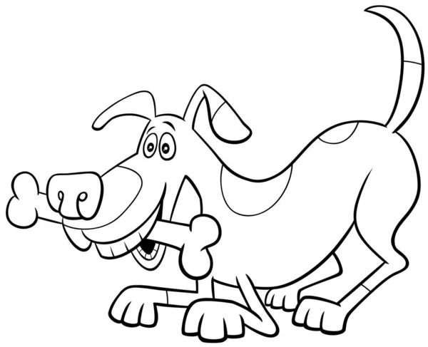 Black White Cartoon Illustration Playful Dog Comic Animal Character Bone — Stock Vector