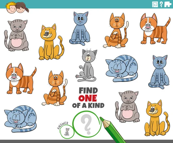 面白い猫と子猫の動物のキャラクターを持つ種類の絵教育ゲームの1つを見つけるの漫画イラスト — ストックベクタ