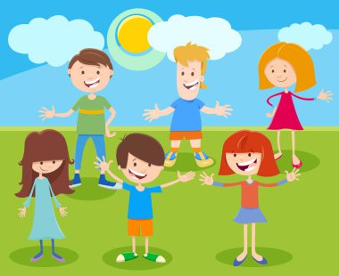 Açık Hava Çocuk Karakterleri Grubu Mutlu İlköğretim veya Genç Yaş Çizgi Filmleri