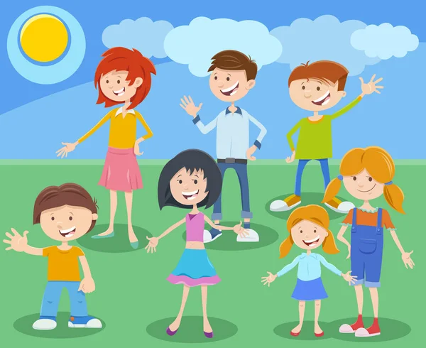 Cartoon Illustration Funny Elementary Teen Age Kids Characters Group Outdoor — Stockvector