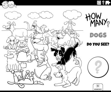 Çocuklar için Eğitim Sayma Görevi Çizgi Film Komik Köpekler Hayvan Karakterleri Grubu Açık Hava Boyama Kitabı Sayfası