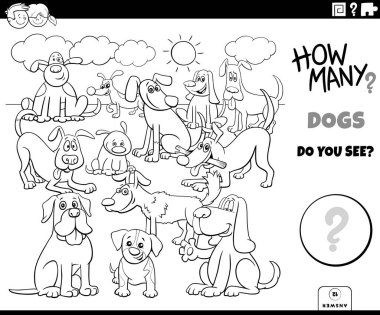 Çocuklar için Eğitim Sayma Oyunu Çizgi Film Komik Köpekler Hayvan Karakterleri Grubu Açık Hava Boyama Kitabı Sayfası