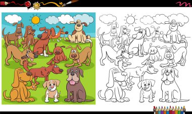 Playful Dogs ve Puppies Animal Characters 'ın Çizgi Film Çizimi Park Boyama Kitabı Sayfasında Büyük Grup