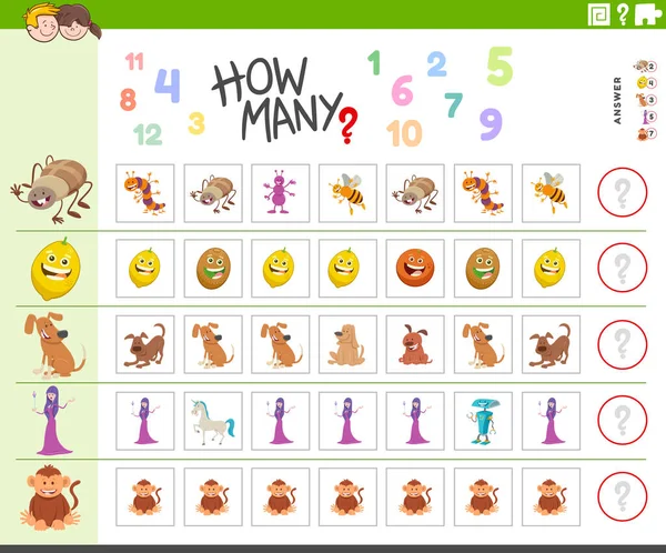 Иллюстрация Образовательной Задачи Подсчета Детей Дошкольного Возраста Забавными Мультяшными Персонажами — стоковый вектор
