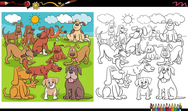 Ilustración Dibujos Animados Perros Juguetones Cachorros Personajes Animales Grupo Grande — Vector de stock