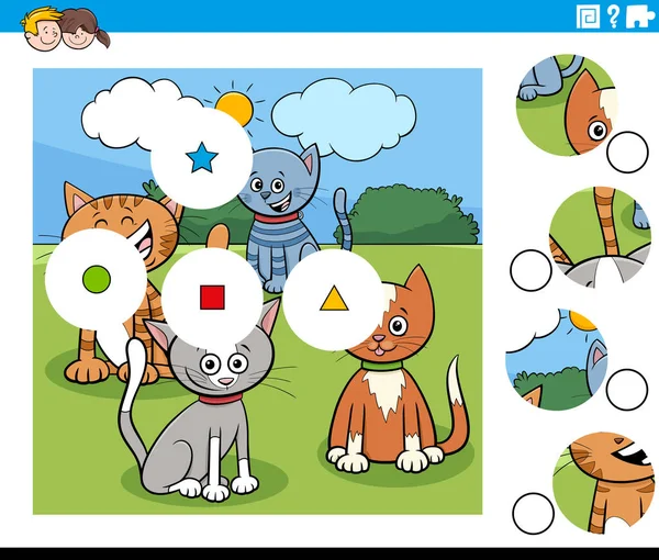 Cartoon Illustration Educational Match Pieces Jigsaw Puzzle Task Children Cats — Stock Vector