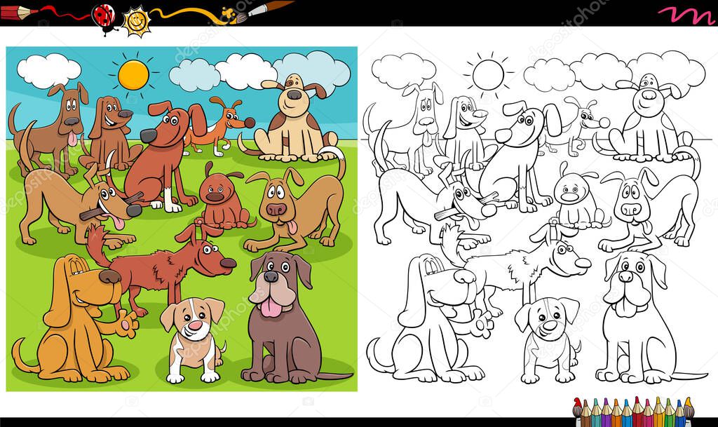 Cartoon Illustration of Playful Dogs and Puppies Animal Characters Large Group in the Park Coloring Book Page