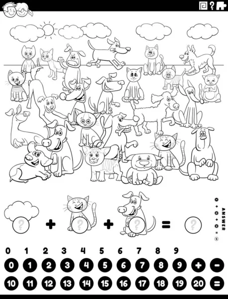 教育の黒と白の漫画イラスト数学カウントとペットの動物の文字を持つ子供のための追加ゲームぬりえブックページ — ストックベクタ