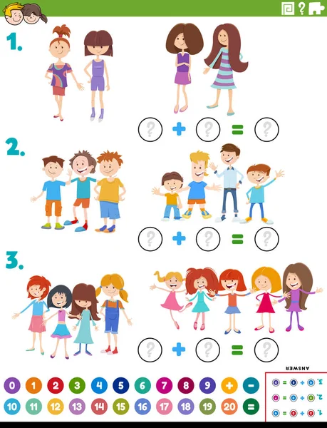 Desenhos Animados Ilustração Adição Matemática Educacional Puzzle Tarefa Com Crianças —  Vetores de Stock