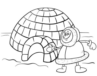 Black and White Cartoon Illustration of Funny Eskimo or Lapp Man with his Igloo House Coloring Book Page clipart