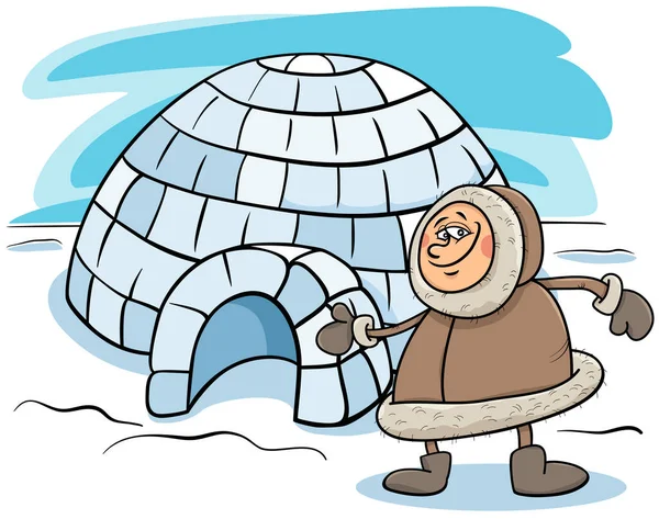 Cartoon Illustration Funny Eskimo Lapp Man His Igloo House — стоковий вектор