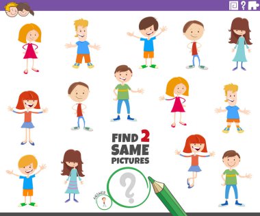 Komik Çocuklu ya da Genç Karakterli Çocuklar İçin İki Aynı Fotoğrafı Bulma Çizgi Filmi Eğitim Oyunu