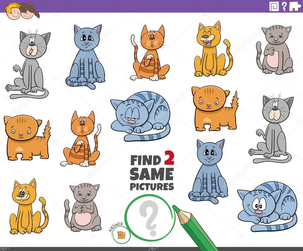 Cartoon Illustration of Find Two Same Pictures Educational Task for Children with Cats and Kittens Animal Characters