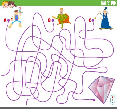 Fantezi Karakterleri ve Mücevherleriyle Çizgi Çizgiler Maze Bulmaca Oyunu
