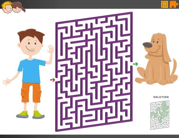 教育迷路の漫画イラストパピー犬と男の子のためのパズルゲーム動物のキャラクター — ストックベクタ