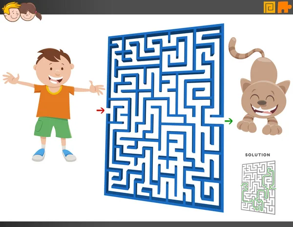 Tecknad Illustration Pedagogiska Labyrint Pusselspel För Barn Med Pojke Och — Stock vektor