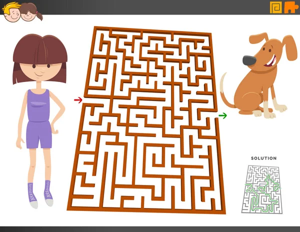 少女と子犬の犬の動物キャラクターを持つ子供のための教育迷路パズルゲームの漫画イラスト — ストックベクタ