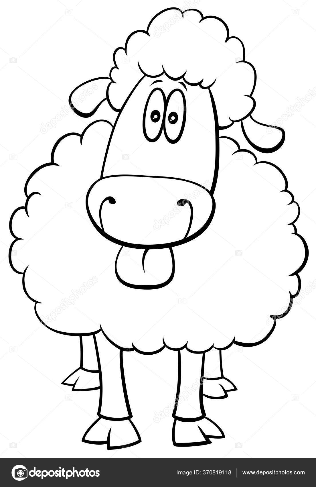 Dibujos Animados Blanco Negro Ilustración Funny Sheep Farm Animal Comic