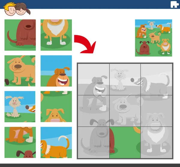Tegneserie Illustration Pædagogisk Puslespil Spil Børn Med Glade Hunde Animal – Stock-vektor