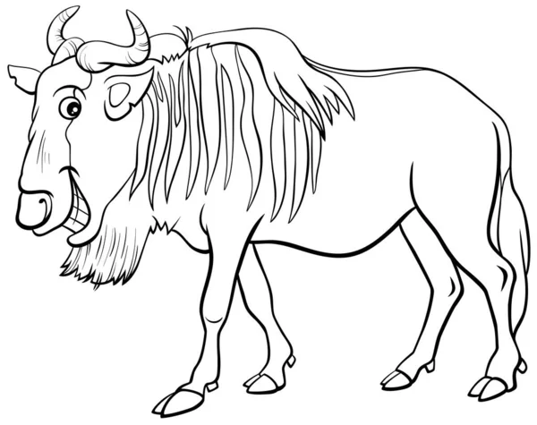 Gnu Antelope或Blue Wildebeest非洲野生动物角色着色书页的黑白漫画插图 — 图库矢量图片