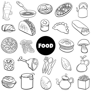 Gıda Nesnelerinin Siyah ve Beyaz Çizgi Filmleri Büyük Set